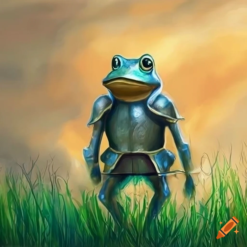 Realistic painting of a frog in silver armor on Craiyon