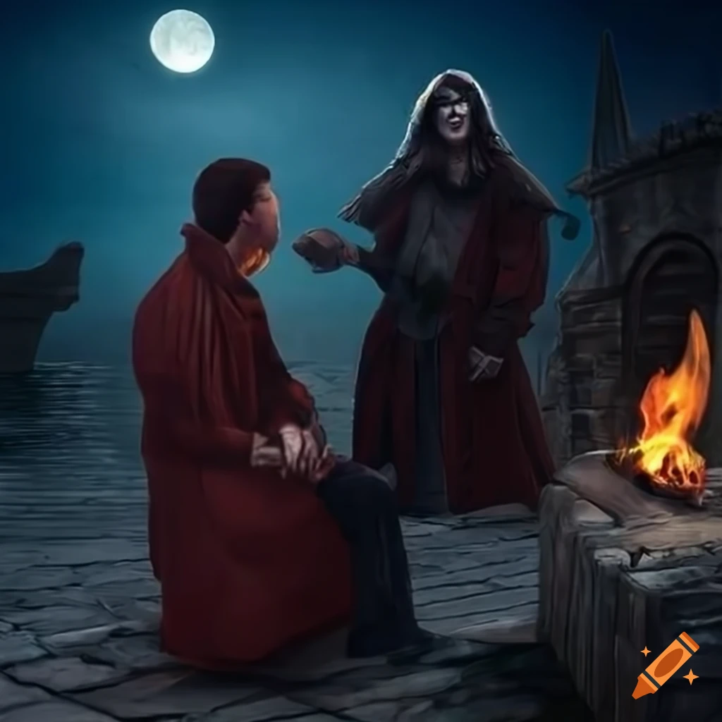 dark fantasy sorcerer conversing with two men at the port dock