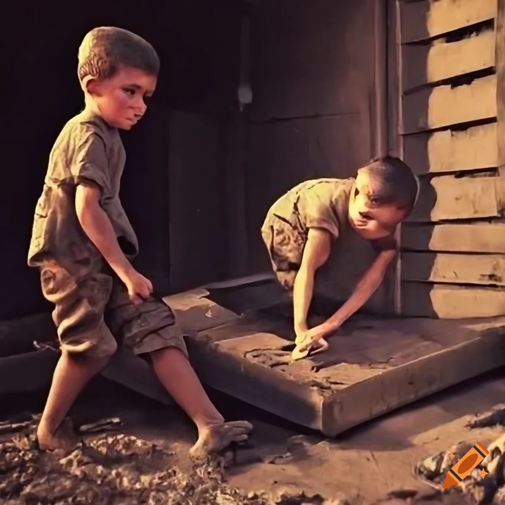 retro image of boys building a fallout shelter