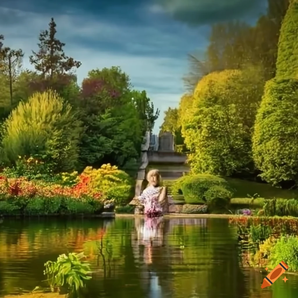 family walking by the lakeside garden