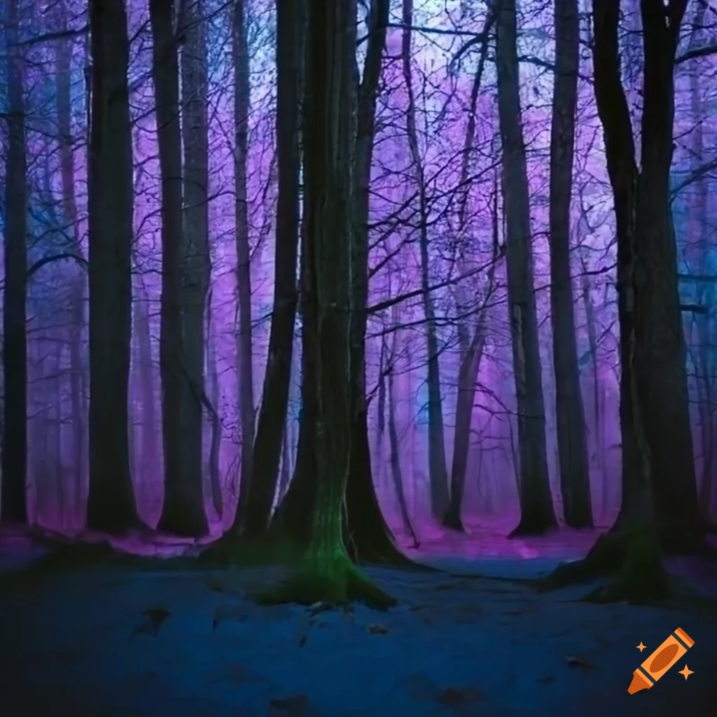 Pink and blue haunted forest illustration on Craiyon