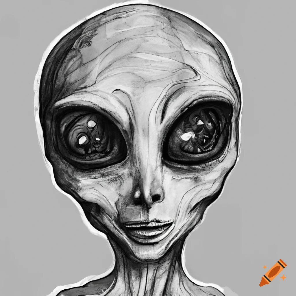 Black and white ink drawing of a grey alien on Craiyon