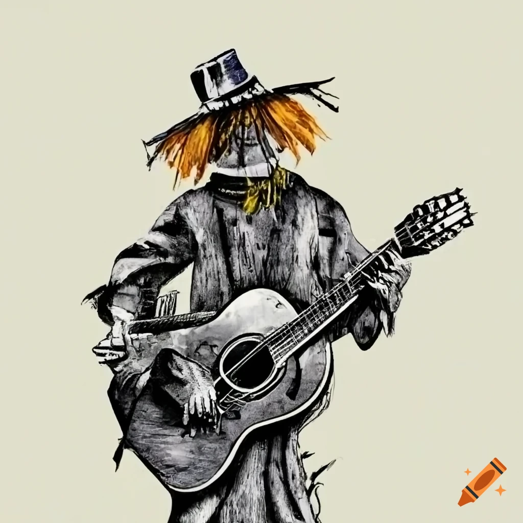 black and white scarecrow playing guitar