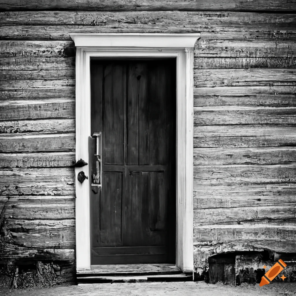 front door of a farmhouse in black and white