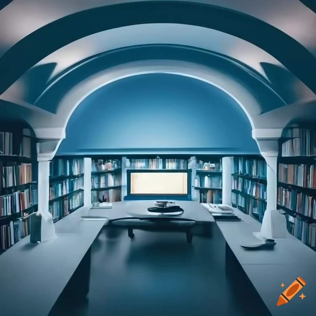 Office in a circular room with bookshelves and blue walls on Craiyon
