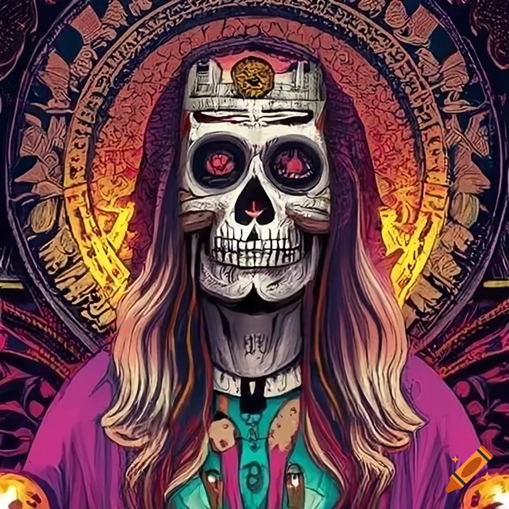illustration of Santa Muerte tarot card with Mayan and African Totem Poles of the Dead