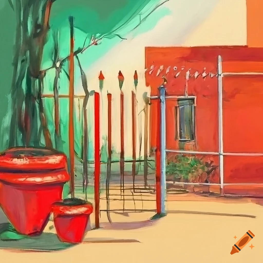 pastel artwork of a backyard with metal pole and red pots