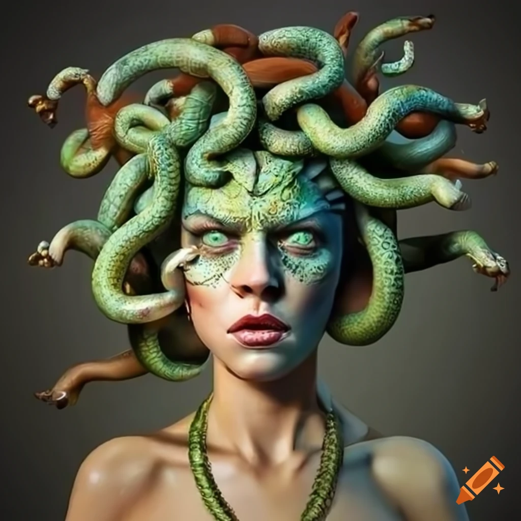 Medusa head with snakes instead of hair, hyper realistic, mystic,  chiaroscuro, painting on Craiyon