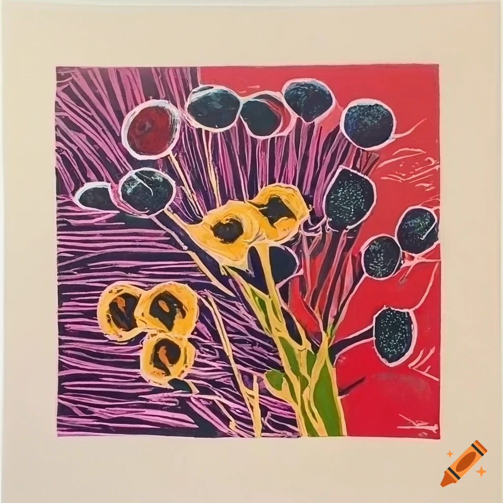 Colorful lino print of a couple in a garden on craiyon