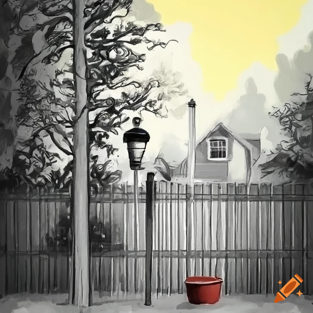 pastel artwork of a backyard with metal pole and red pots