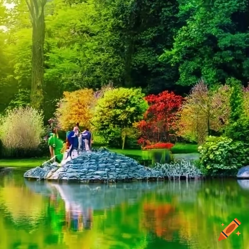 family walking by the lake in a garden