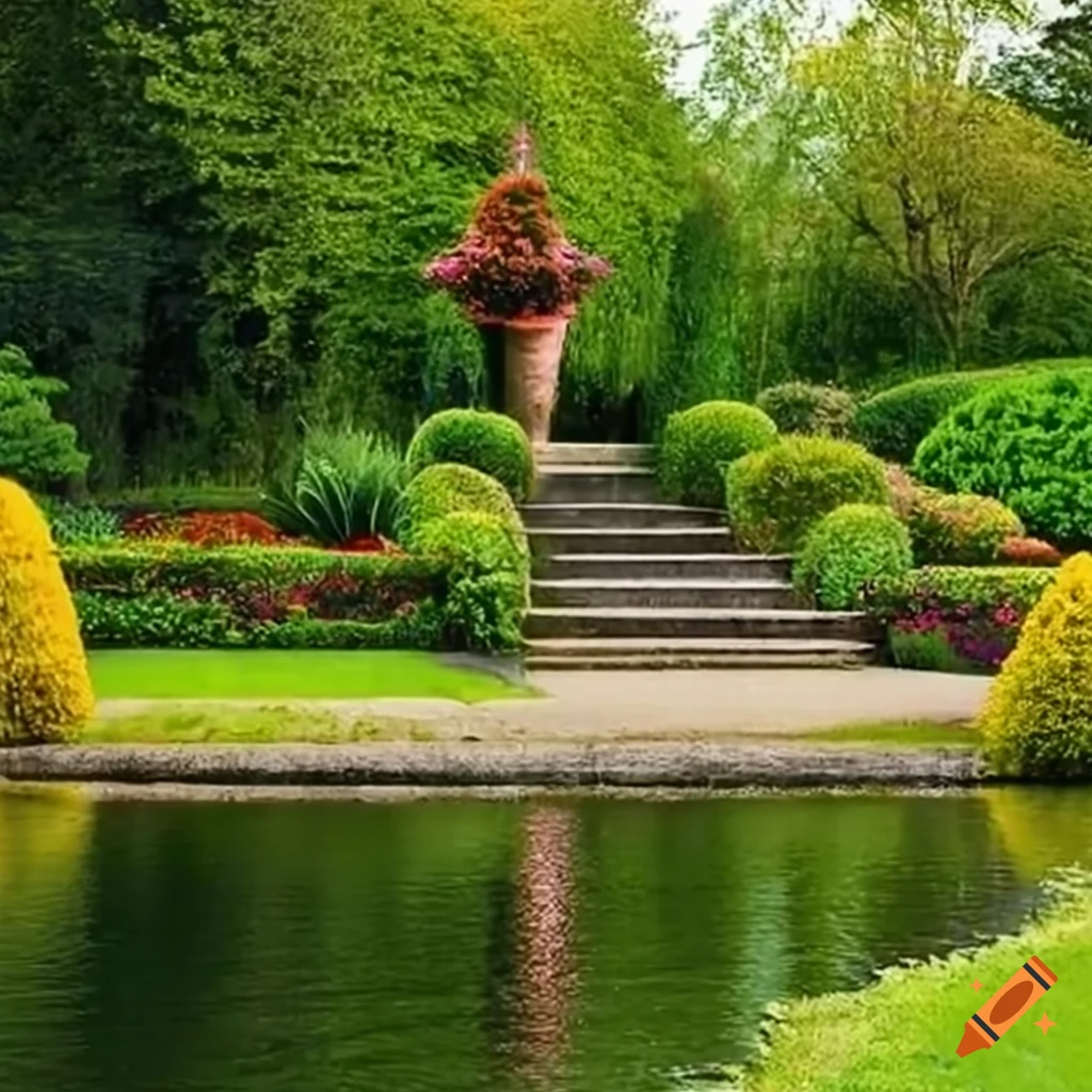 vibrant garden with curved stairs and a family walking by the lake
