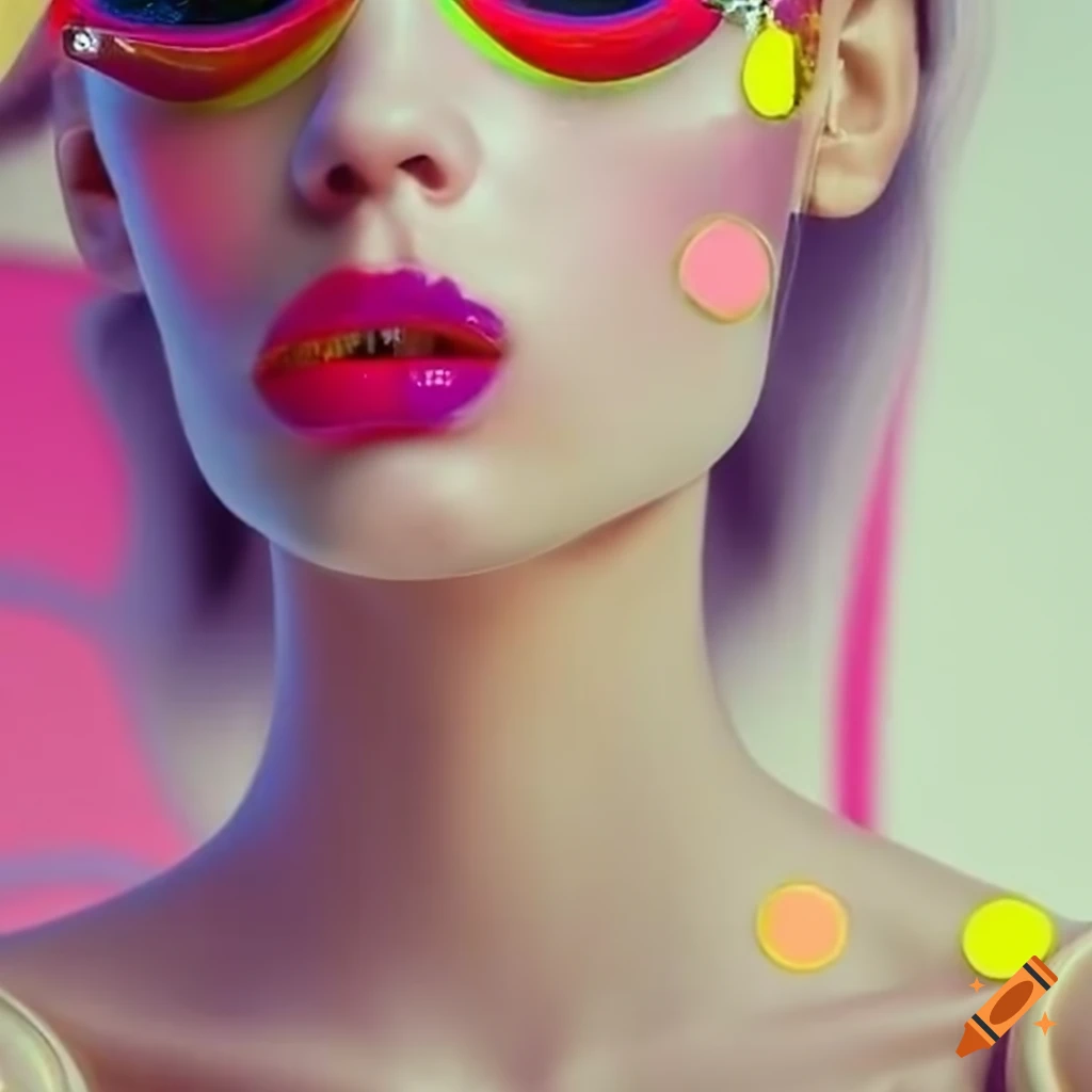 fashion model in cream and pastel clothes with colored dots background