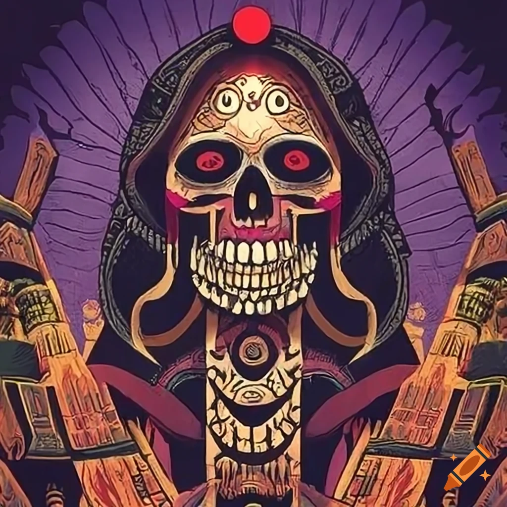 illustration of Santa Muerte tarot card with Mayan and African Totem Poles of the Dead