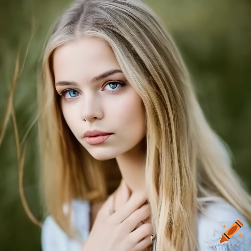 Portrait of a lovely scandinavian girl with blonde hair and light eyes on  Craiyon
