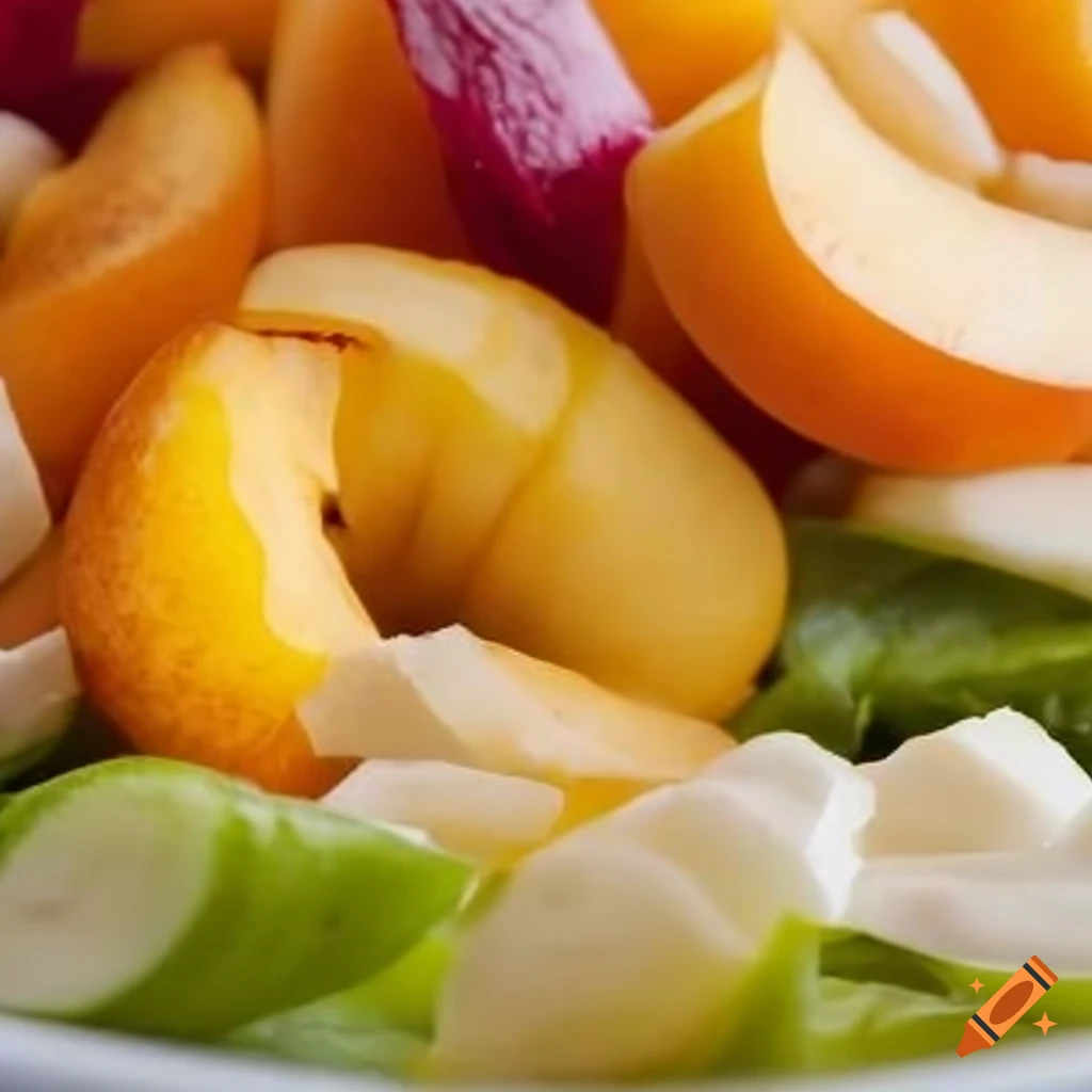 Fruit salad with banana, peach, orange, tangerine, and pear on Craiyon