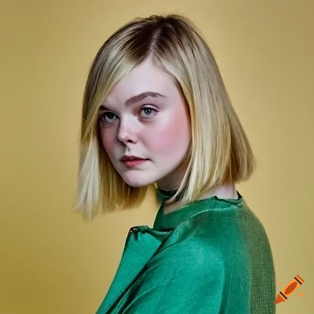 Elle fanning with a straight bob haircut and green t-shirt