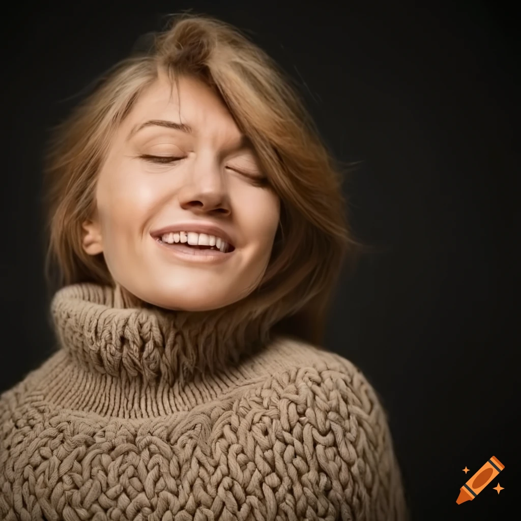 Woman wearing a chunky knit turtleneck sweater with closed eyes and a ...