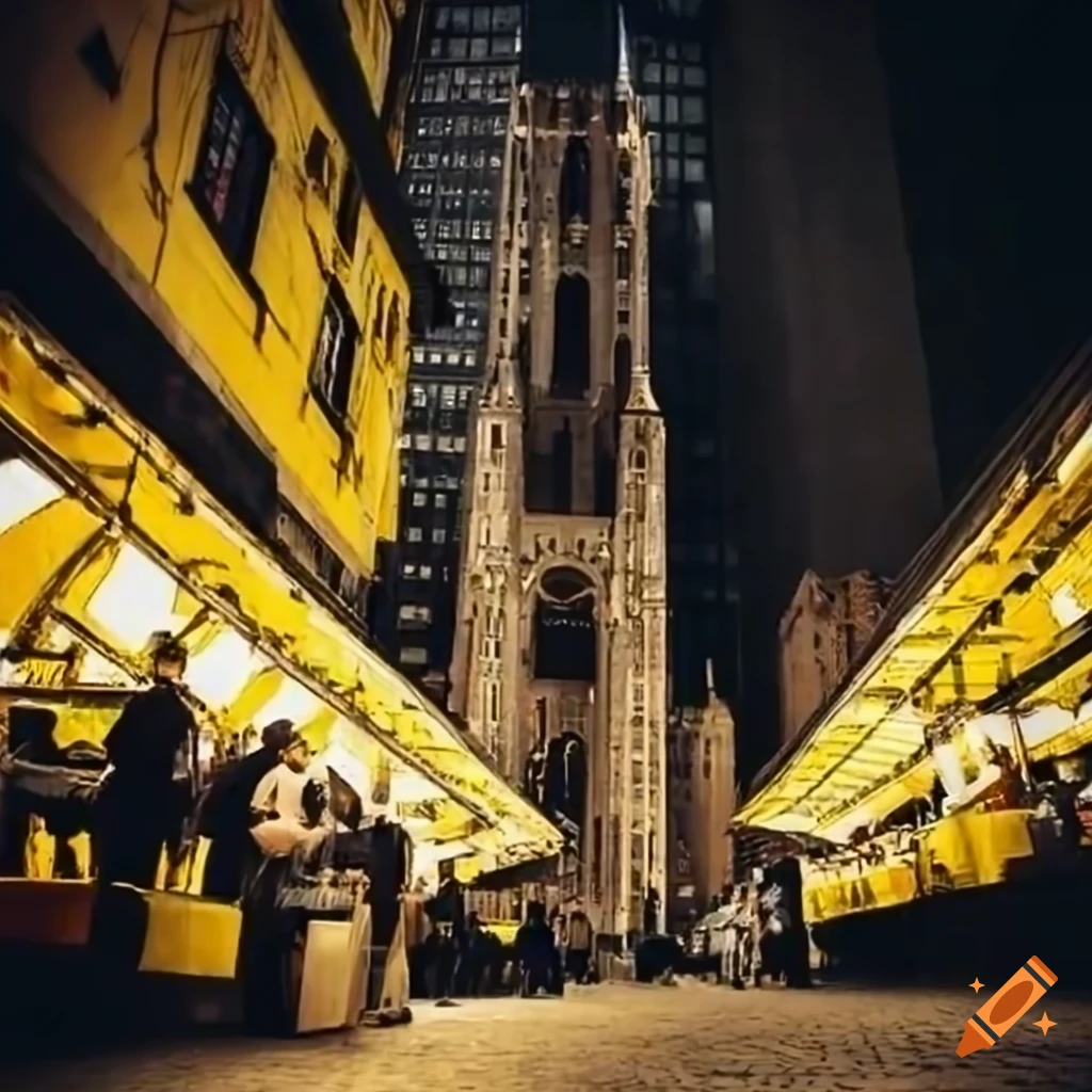 Black and white image of a medieval market square with a modern vibe on Craiyon