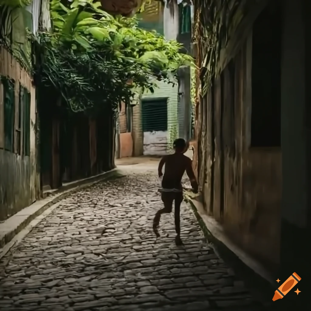 young man running out of an old Brazilian village with flowers