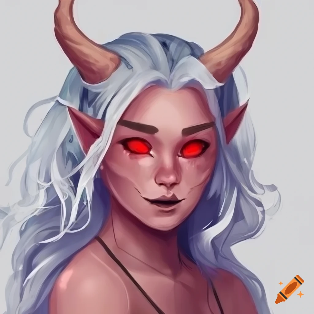 Art of a cute tiefling character with red eyes and white hair