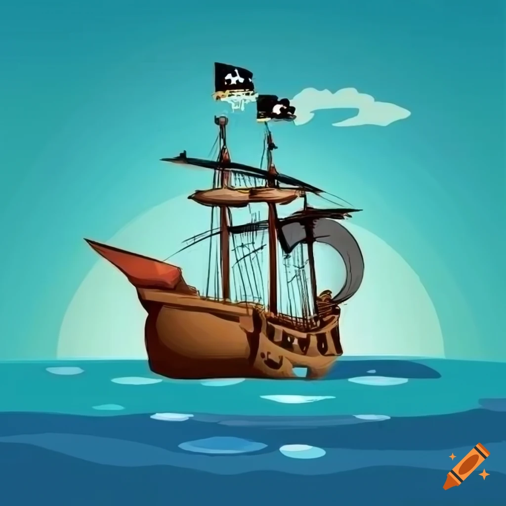Vector illustration of a pirate ship sailing towards an island on craiyon