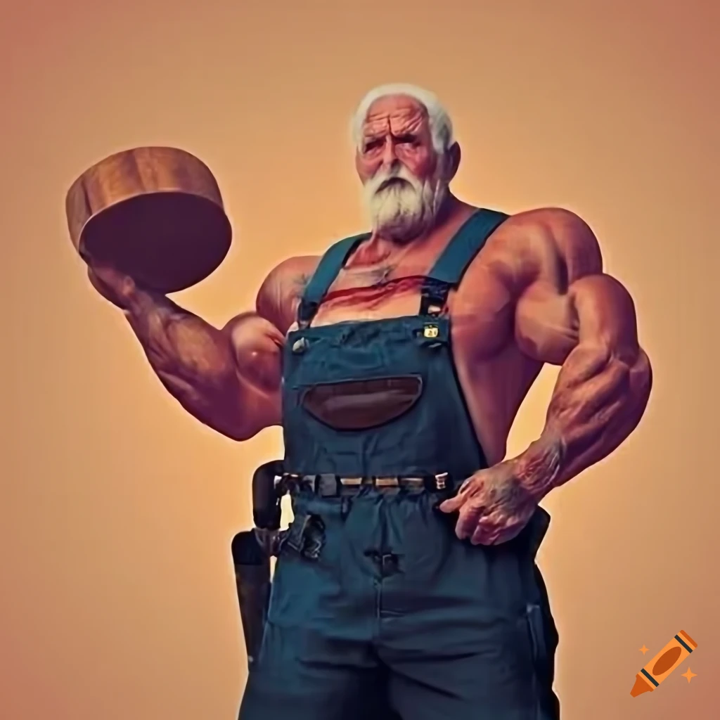 photo of an old muscular man on a farm