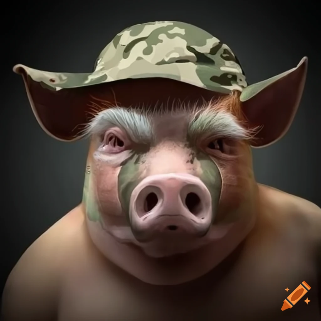 pig with goatee and camouflage cap