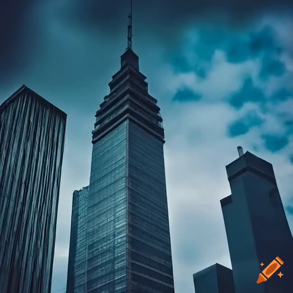 closeup of a skyscraper in a cloudy cityscape