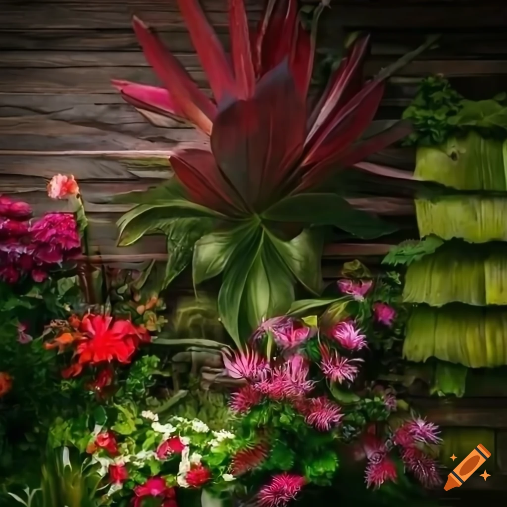 exotic plants and flowers in front of wooden backyard wall