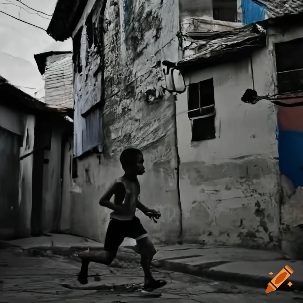 picture of an old Brazilian village with a young man running out of a favela slum