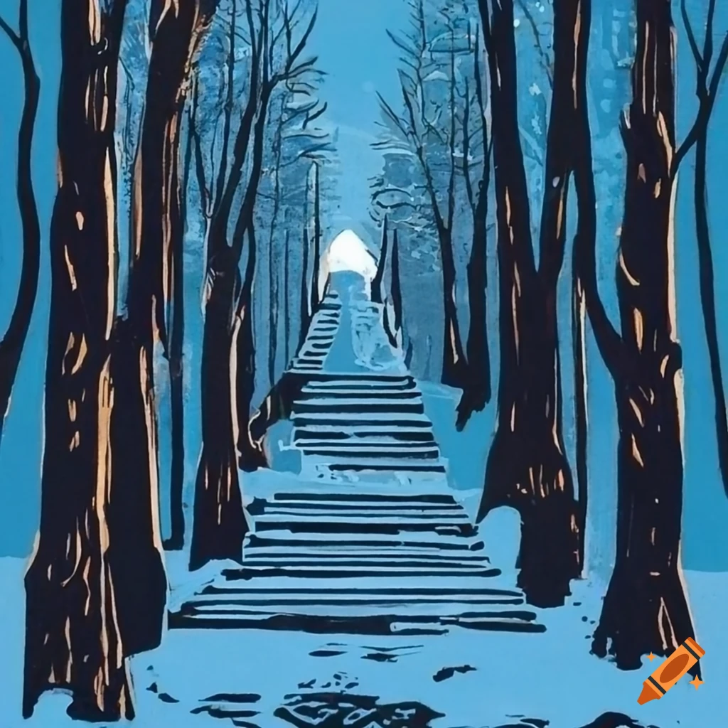 linocut-style depiction of a winter park staircase