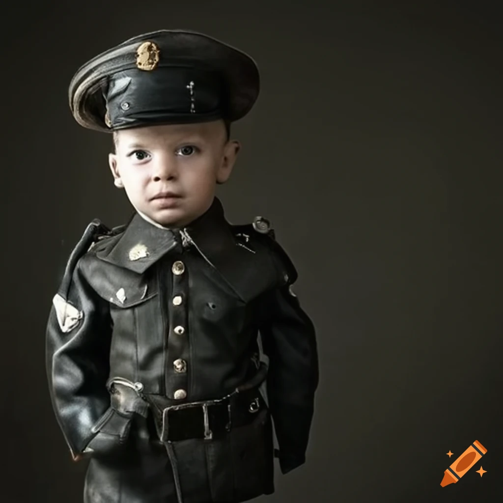 British toddler boy in leather sergeant uniform