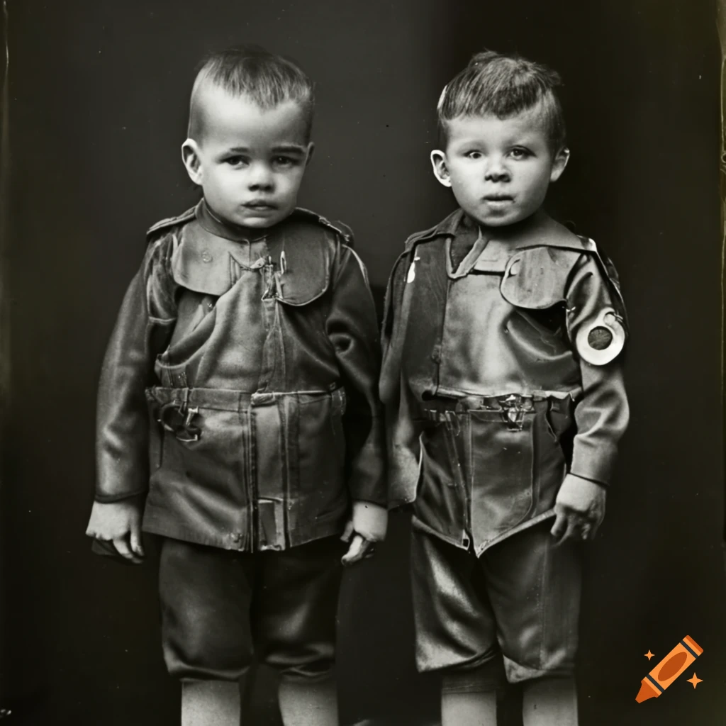 vintage photograph of three serious toddler boys in sergeant uniforms