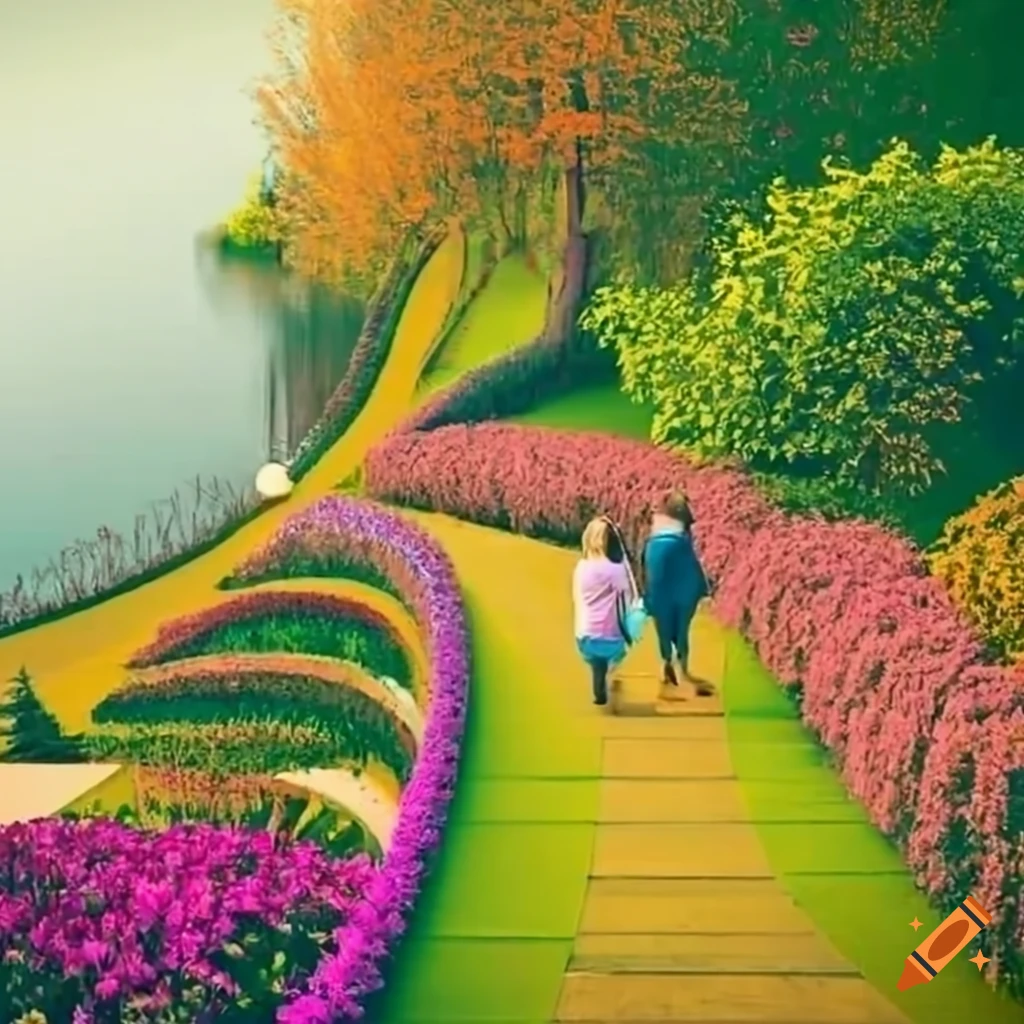 Vibrant garden with blooming flowers and curved stairs on Craiyon