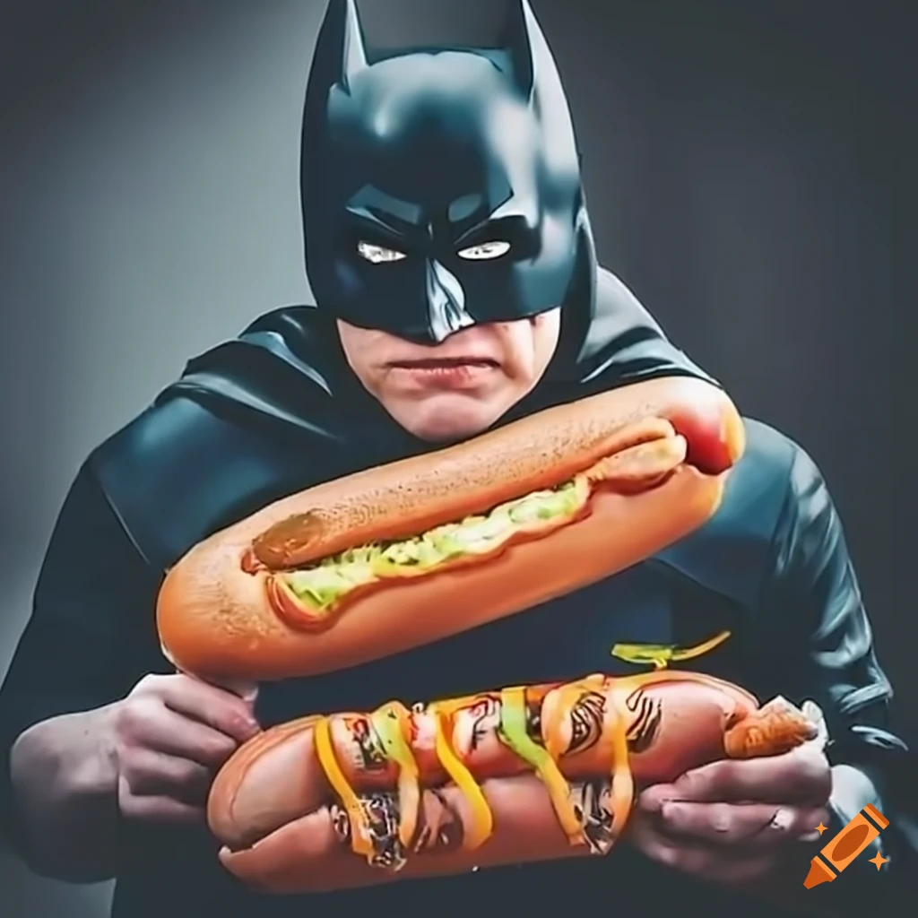 Batman eating a hotdog in a gas station on Craiyon