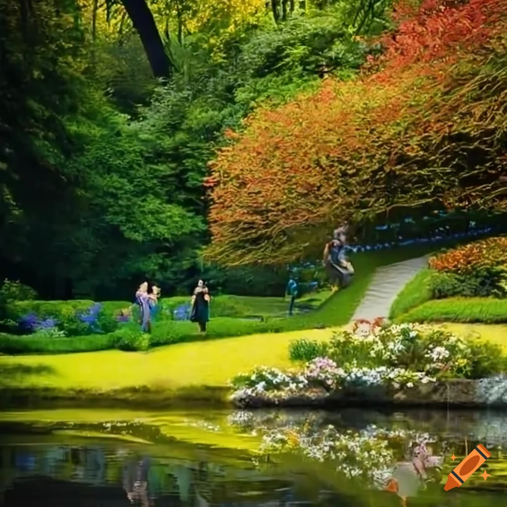 Vibrant garden with blooming flowers and curved stairs on Craiyon