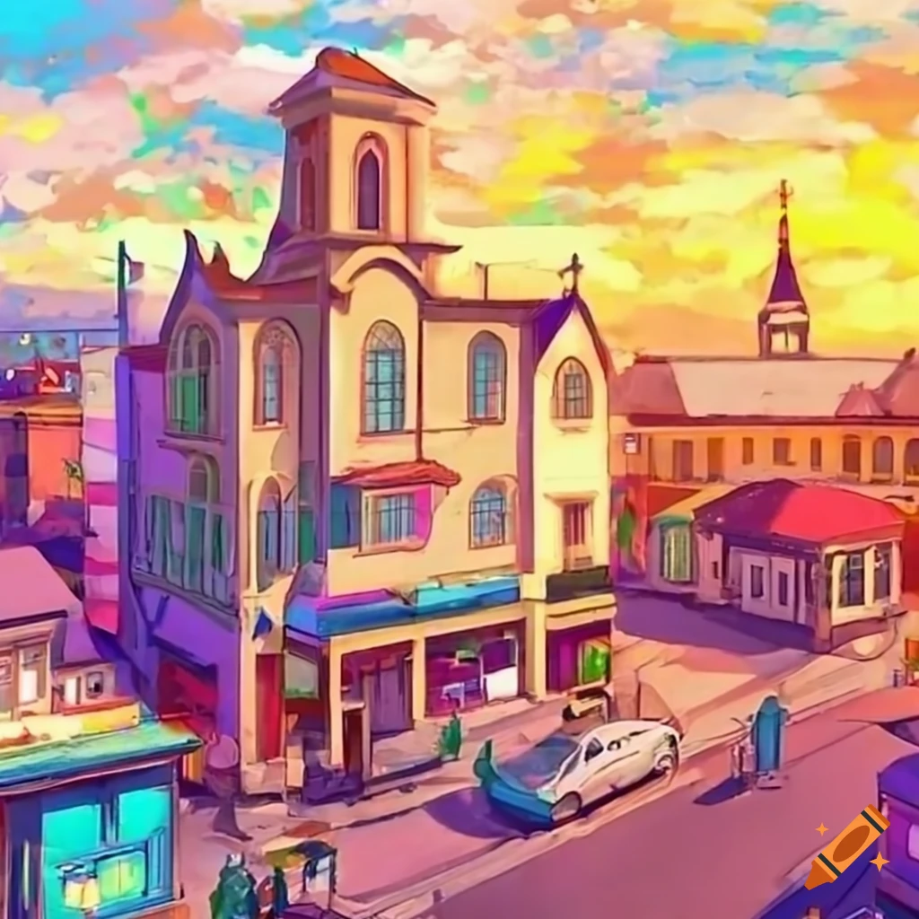 aerial view of a cozy neighborhood with a church and stores