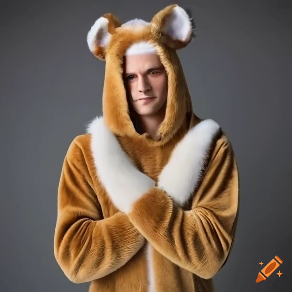 young man wearing a furry animal costume with caramel color