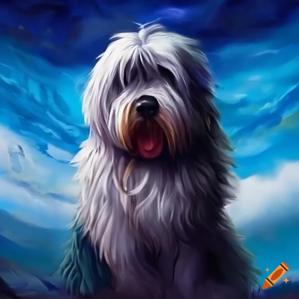 Realistic painting of an old english sheepdog in a can of paint