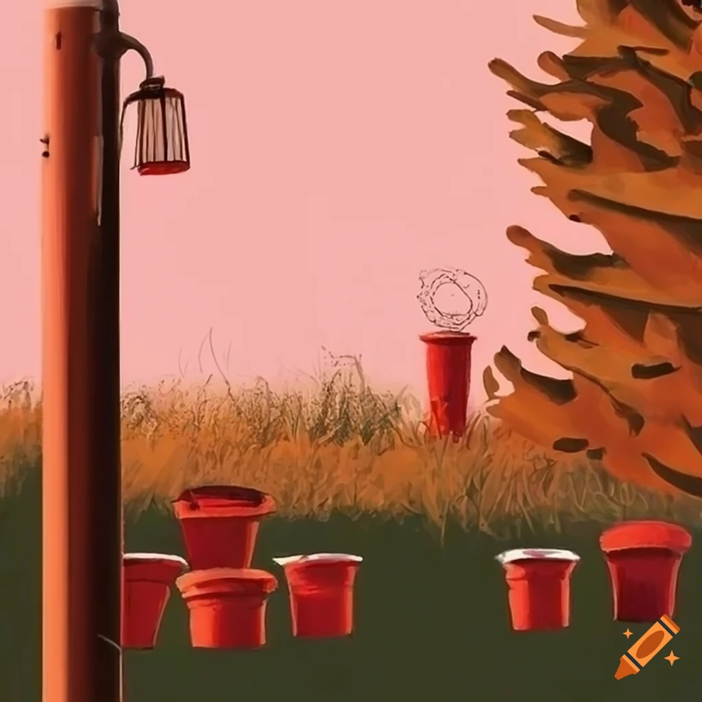 hatched pastel of a backyard with a metal pole and tree
