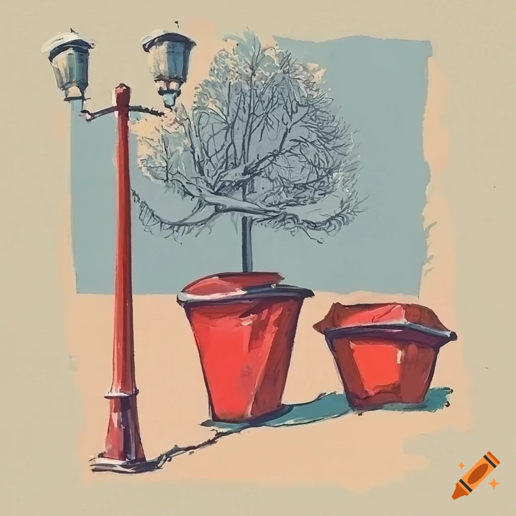 pastel artwork of a backyard with metal pole and red pots