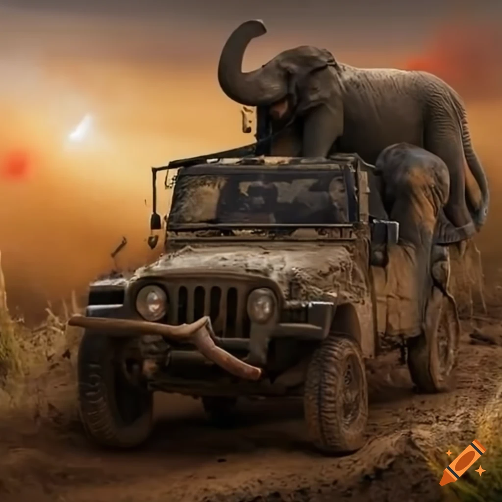 elephant in army uniform speeding in a battlefield
