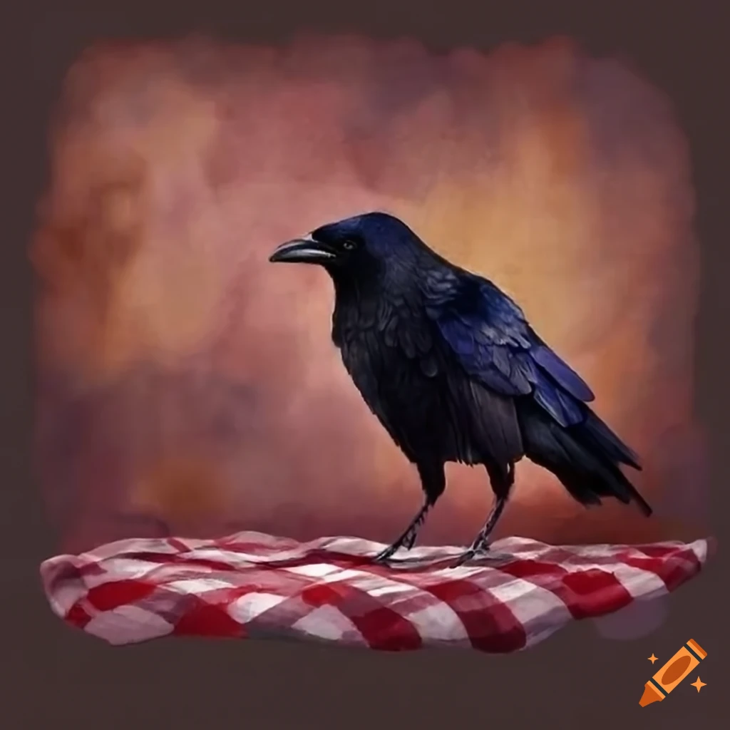 crow sitting on a plaid blanket