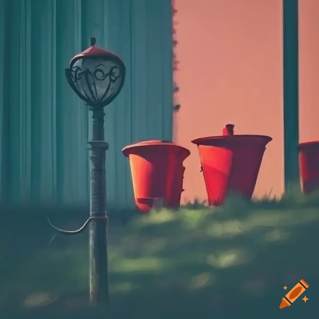 hatched pastel of a backyard with a metal pole and tree