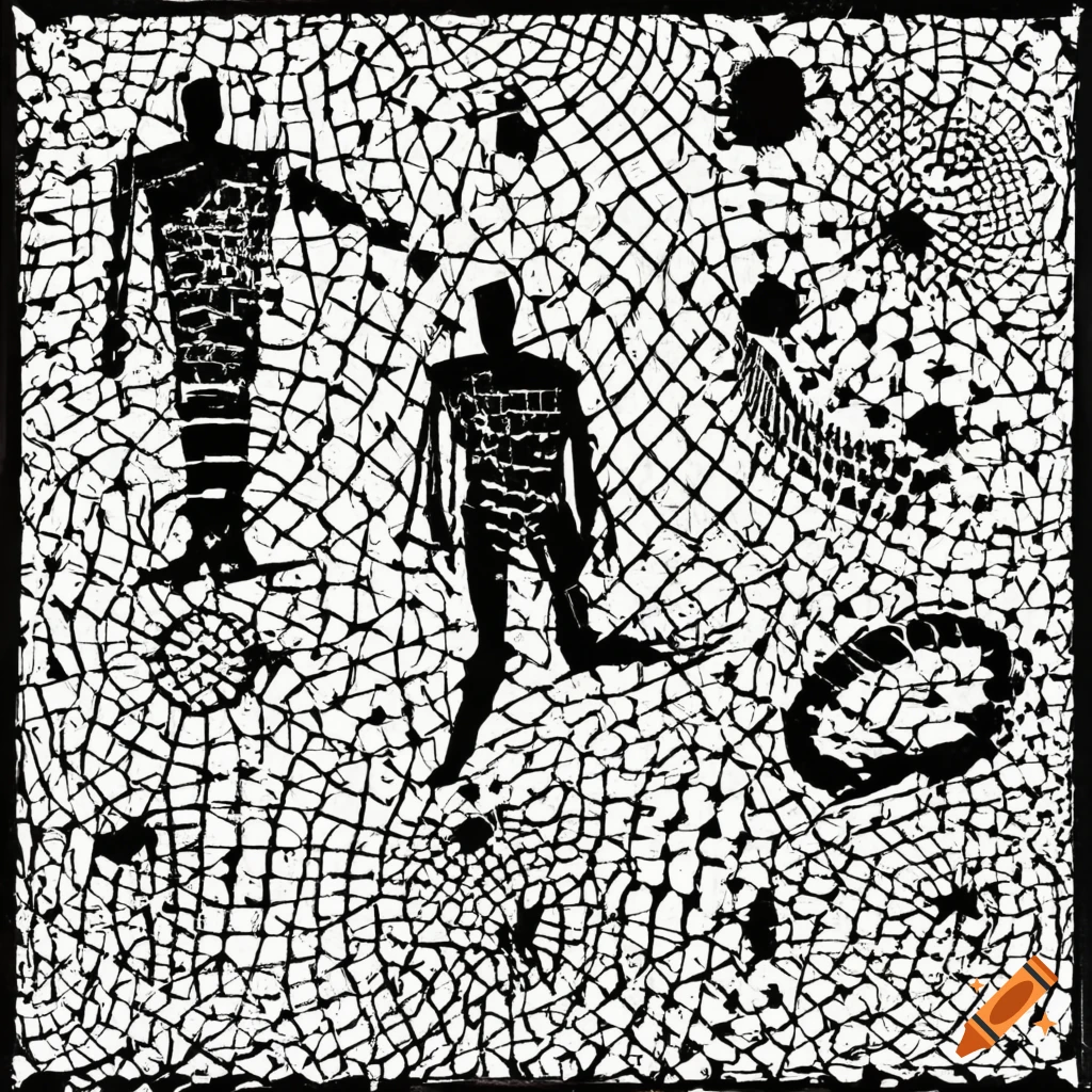 Black and white abstract mosaic painting of people in a maze on Craiyon