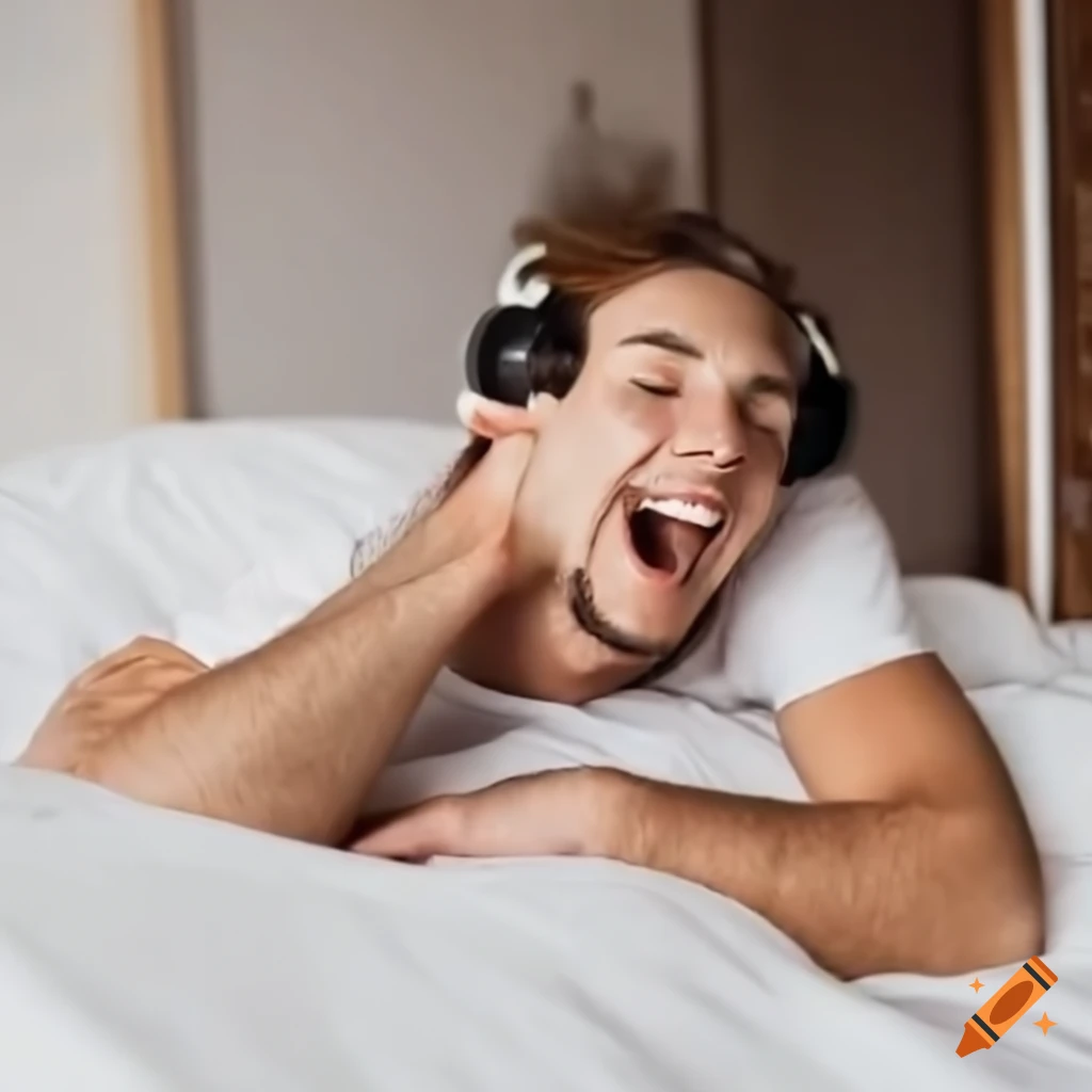 man enjoying music in bed