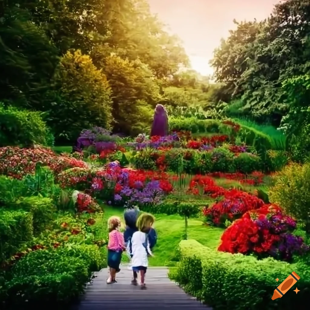 beautiful garden with blooming flowers and curved stairs