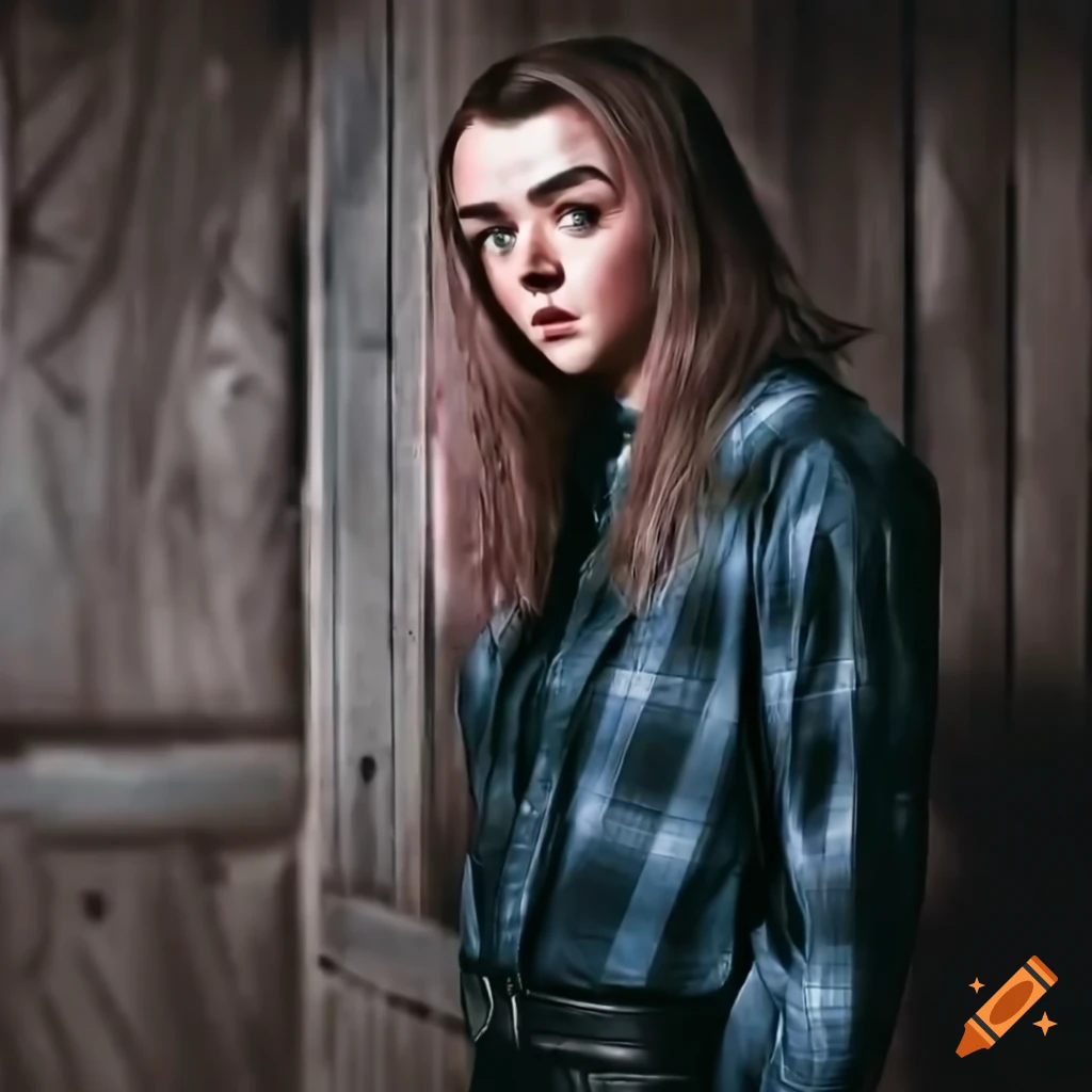 Actress with scared expression looking through barn door
