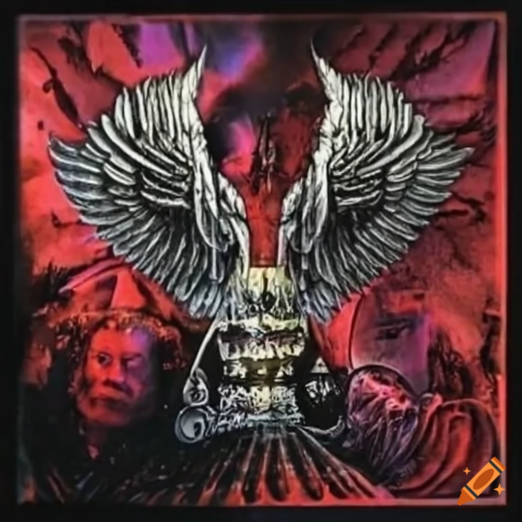 album cover of a heavy rock band with beers, wings and muscle cars
